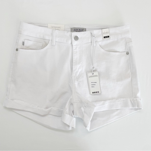 Judy Blue Pants - Judy Blue White Mid Rise Tummy Control Frayed Cuffed Denim Shorts XL JB1588 New